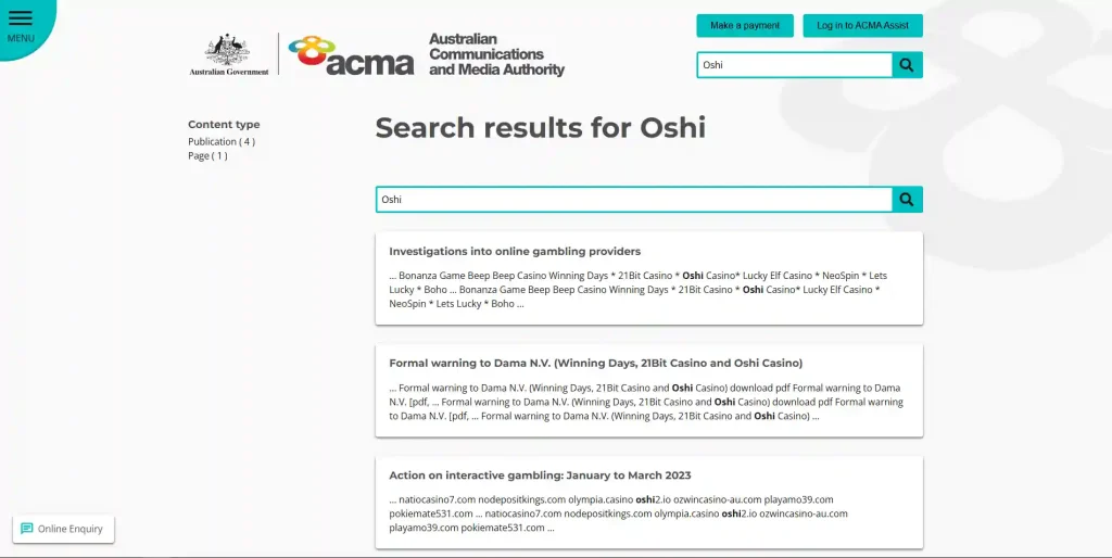 ACMA investigation or enforcement record showing Oshi Casino among prohibited interactive gambling service findings