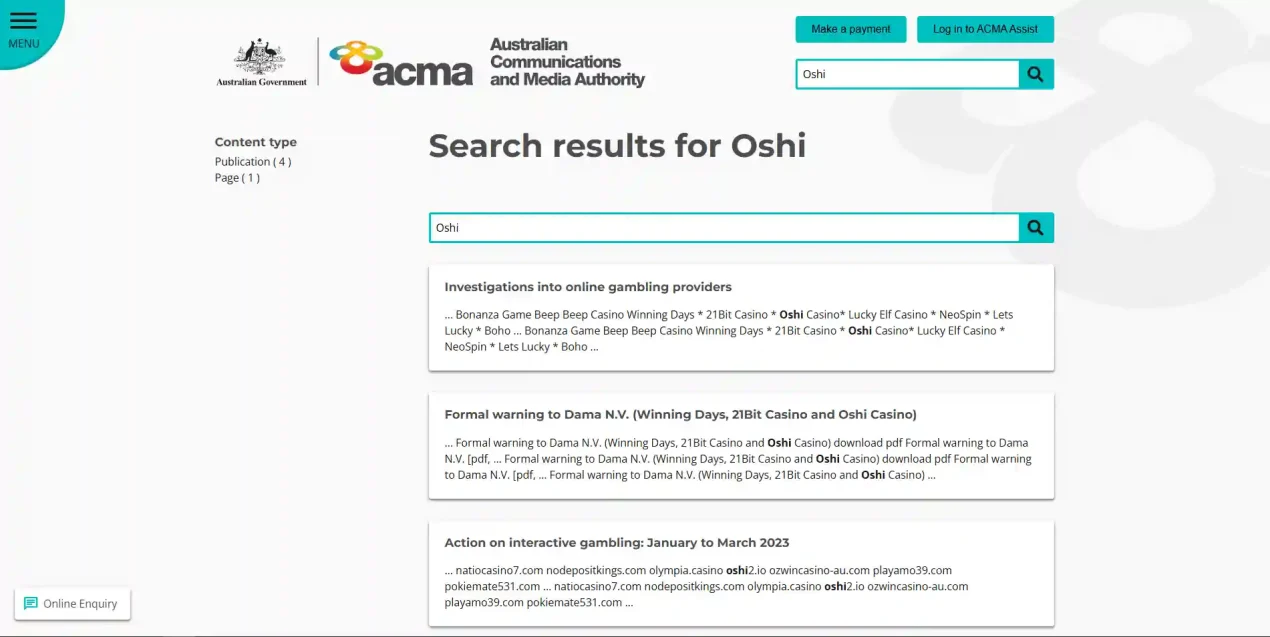ACMA investigation or enforcement record showing Oshi Casino among prohibited interactive gambling service findings