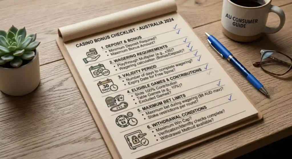 Editorial bonus checklist showing offer value, wagering, game contribution, expiry, maximum bet and withdrawal checks without promotional numbers
