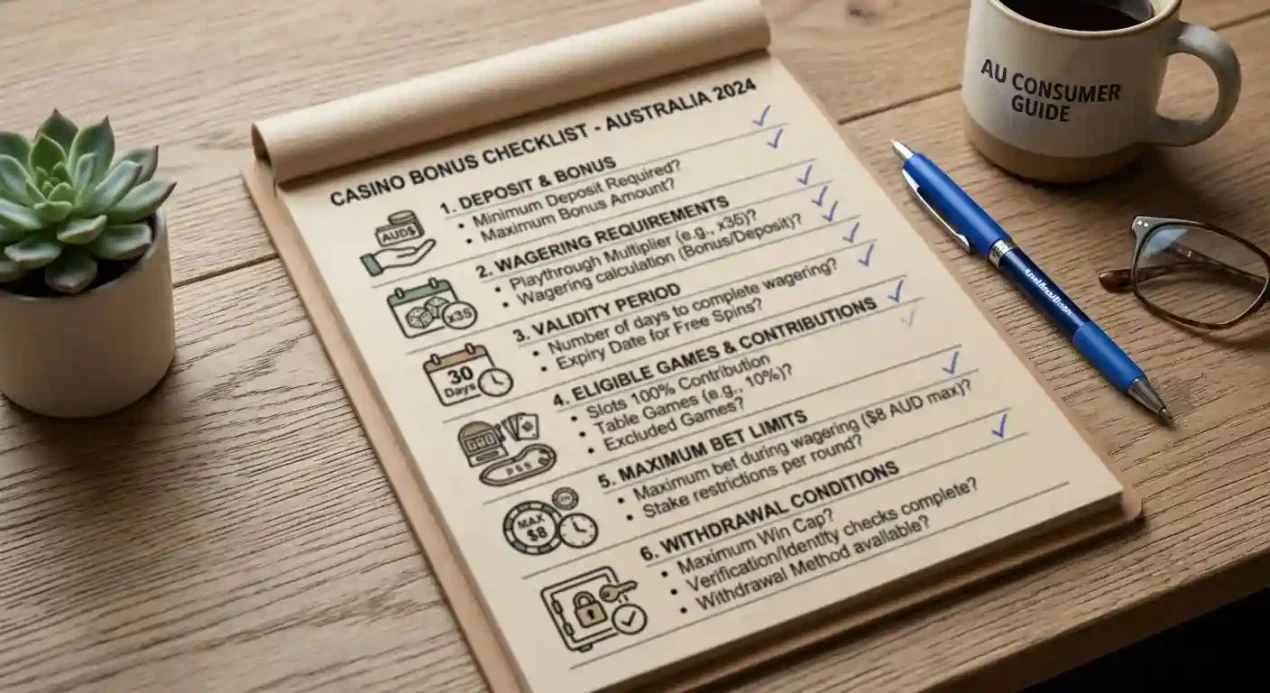 Editorial bonus checklist showing offer value, wagering, game contribution, expiry, maximum bet and withdrawal checks without promotional numbers