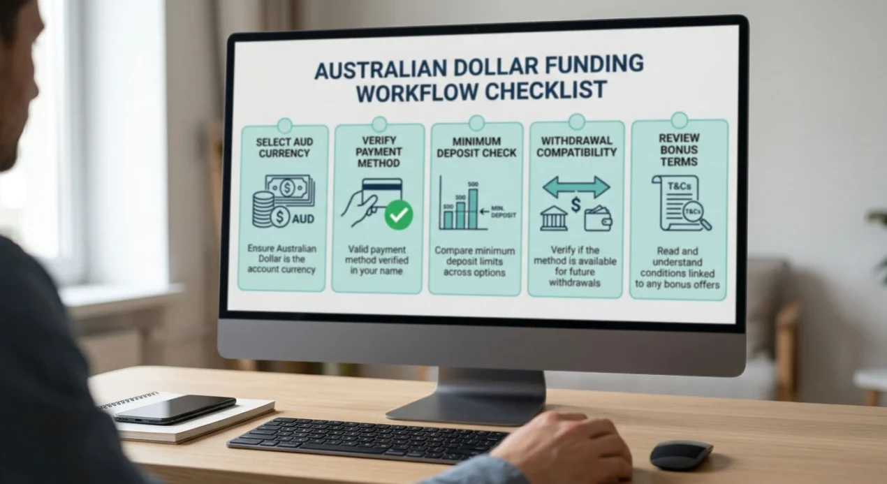 Conceptual Australian dollar deposit checklist showing currency choice, payment verification, minimum check, withdrawal compatibility and bonus terms
