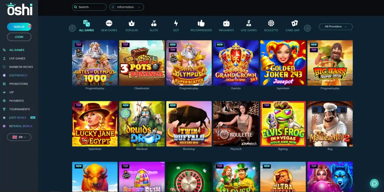 Current Oshi game lobby showing game categories and provider navigation without account or balance information