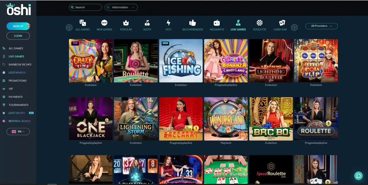 Current Oshi live casino lobby showing live game categories and provider filters without account balances or personal data