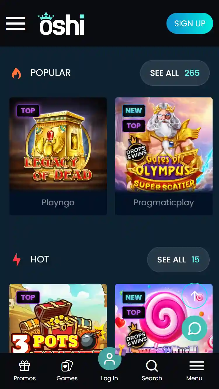 Real current Oshi website displayed in a mobile browser with responsive casino navigation visible