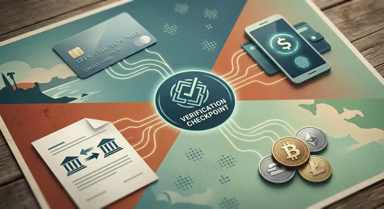 Conceptual Australian casino payment flow showing cards, digital wallets, bank transfer and cryptocurrency categories with verification checkpoints