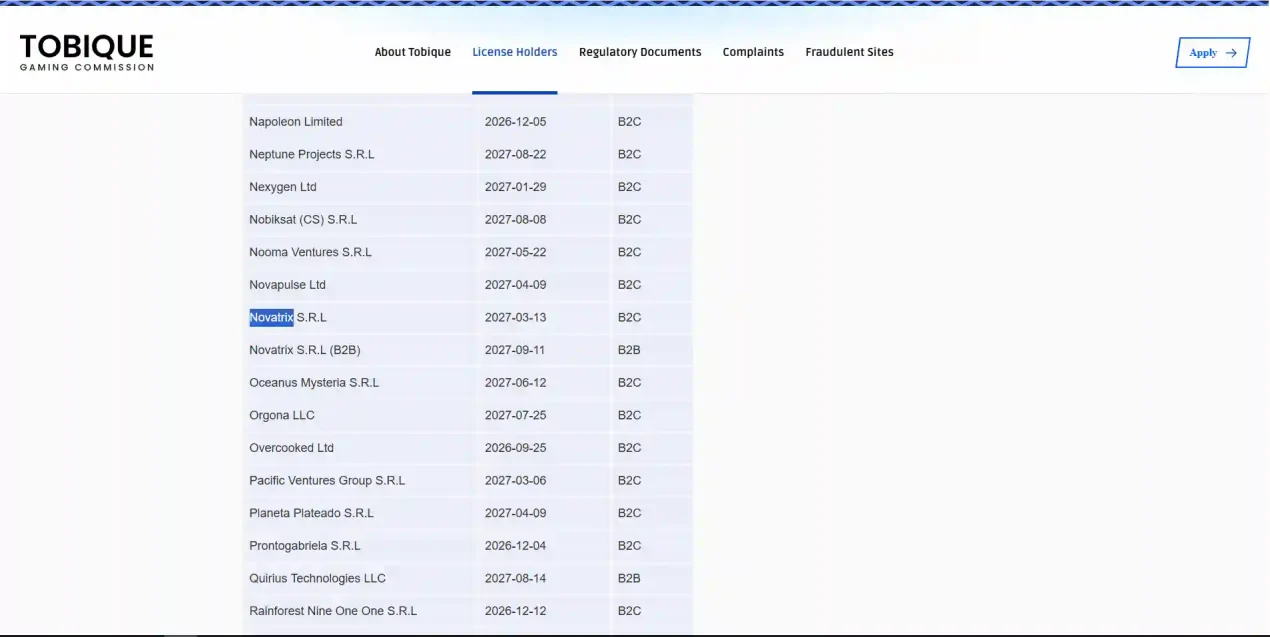 Tobique Gaming Commission licence-holder register entry for Novatrix S.R.L. showing B2C status and a 13 March 2027 expiry