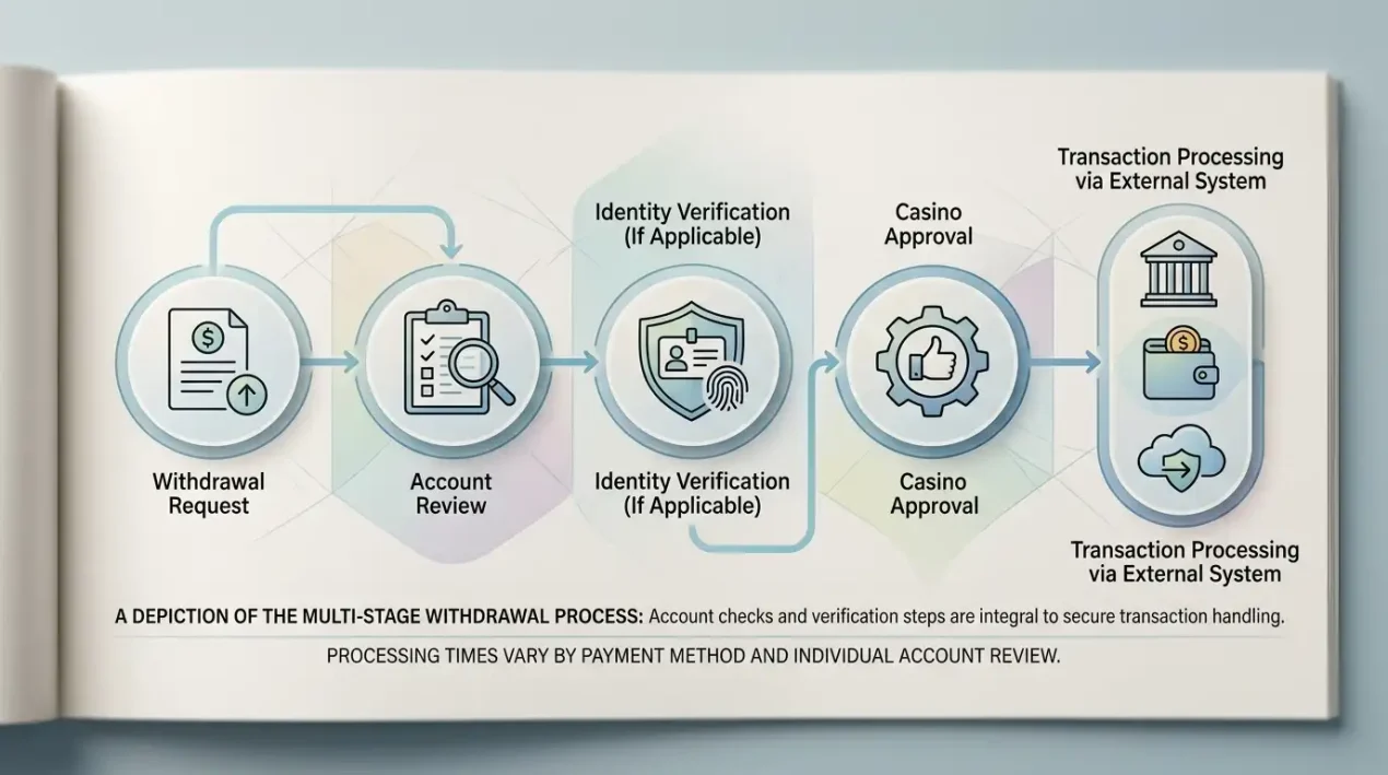 Conceptual withdrawal process from payout request through account checks and possible KYC to casino approval and payment-network settlement