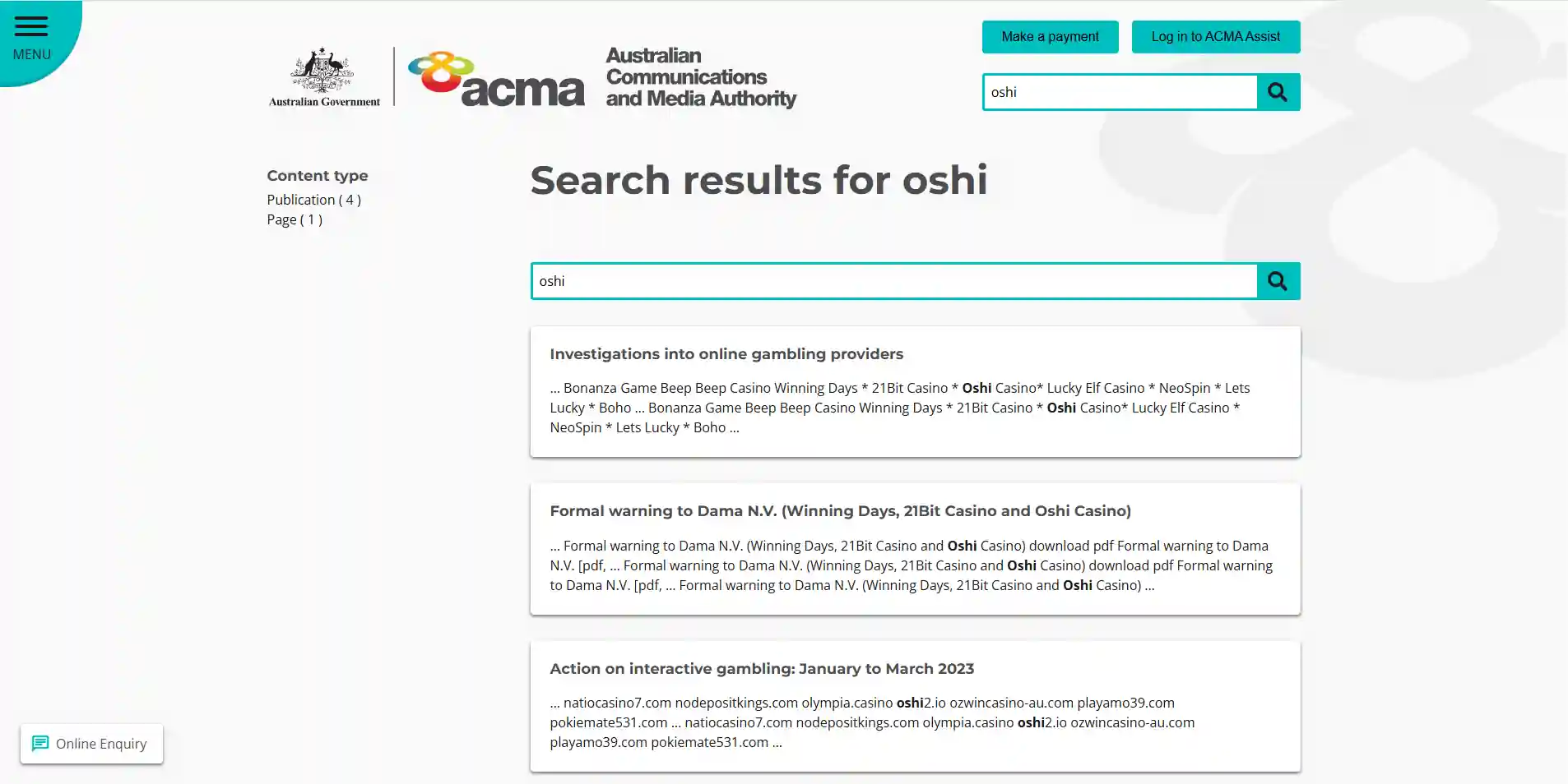 ACMA licensed interactive gambling provider register relevant to Oshi and Novatrix